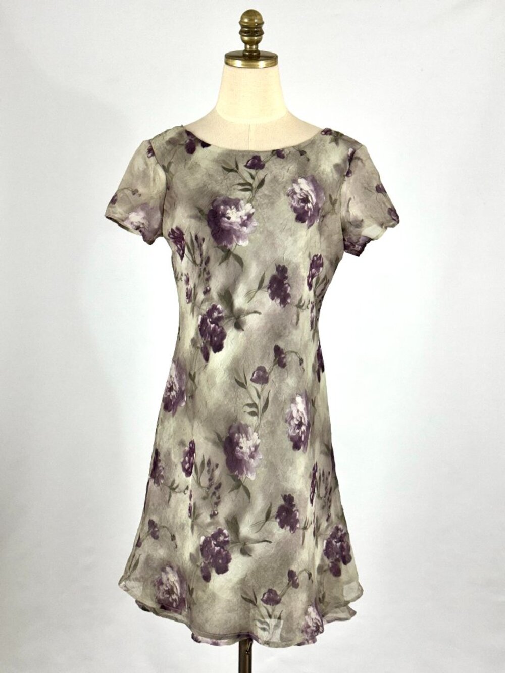Vtg 90s Connected Apparel Green Purple Floral Mini Dress Witchy Forest Fairy